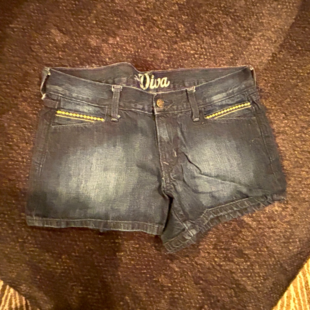 Dark Blue Denim Shorts with Yellow Accents